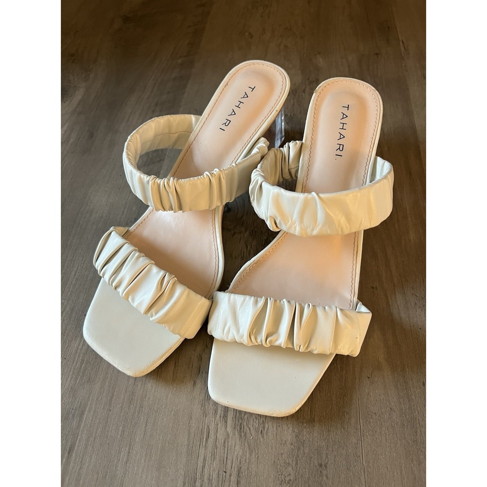 Tahari Women's Glenah Slip-on Ivory Sandals Clear Acrylic‎ Heels Sz 9 Very Good!